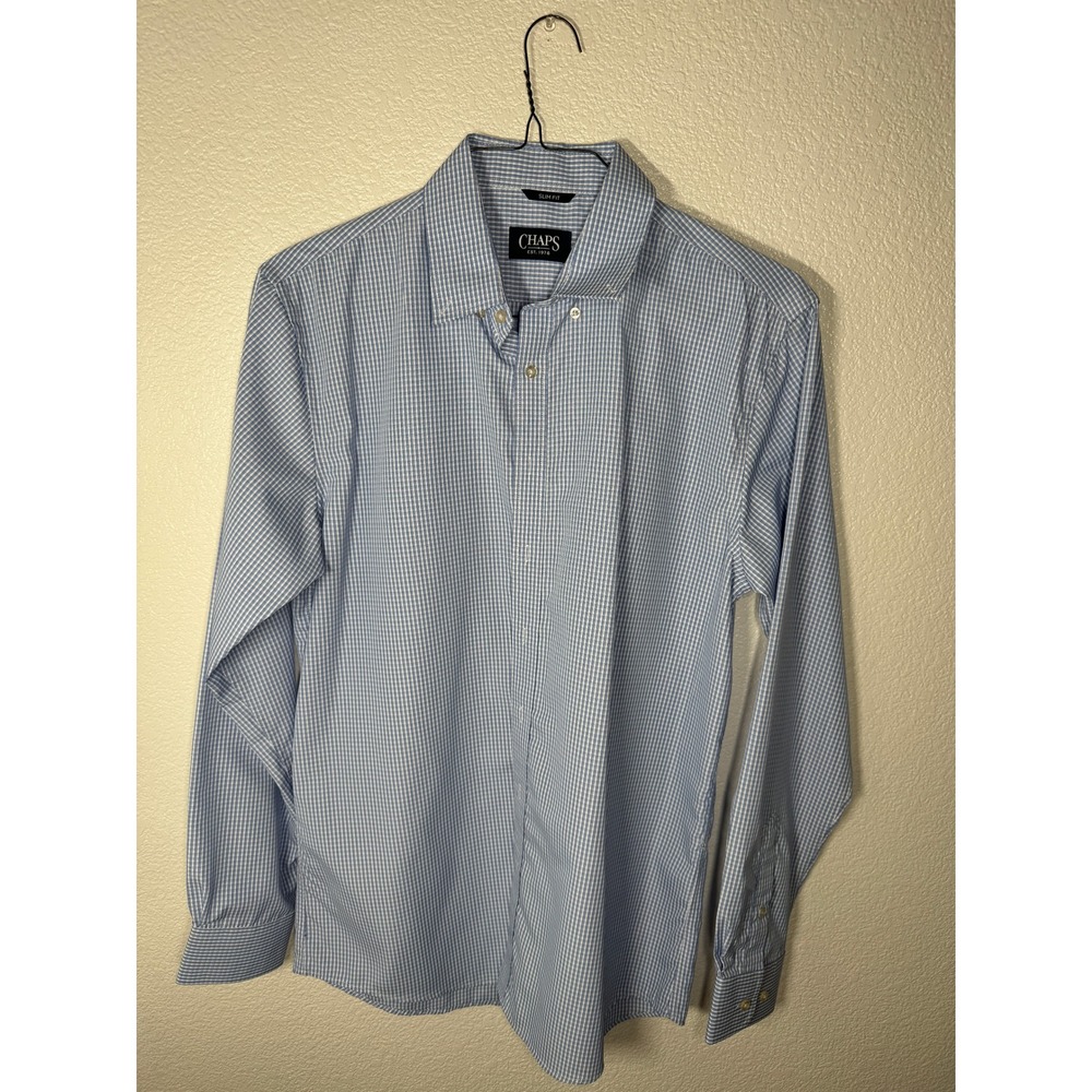 Chaps EST 1978 Slim Fit Blue Checkered Long Sleeve Button Up Shirt